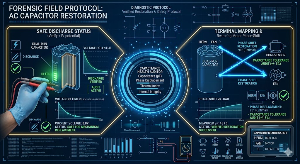 A technical HVAC electrical infographic showing the 6-step protocol for repairing an AC capacitor, including terminal identification, safe discharge, and microfarad verification.