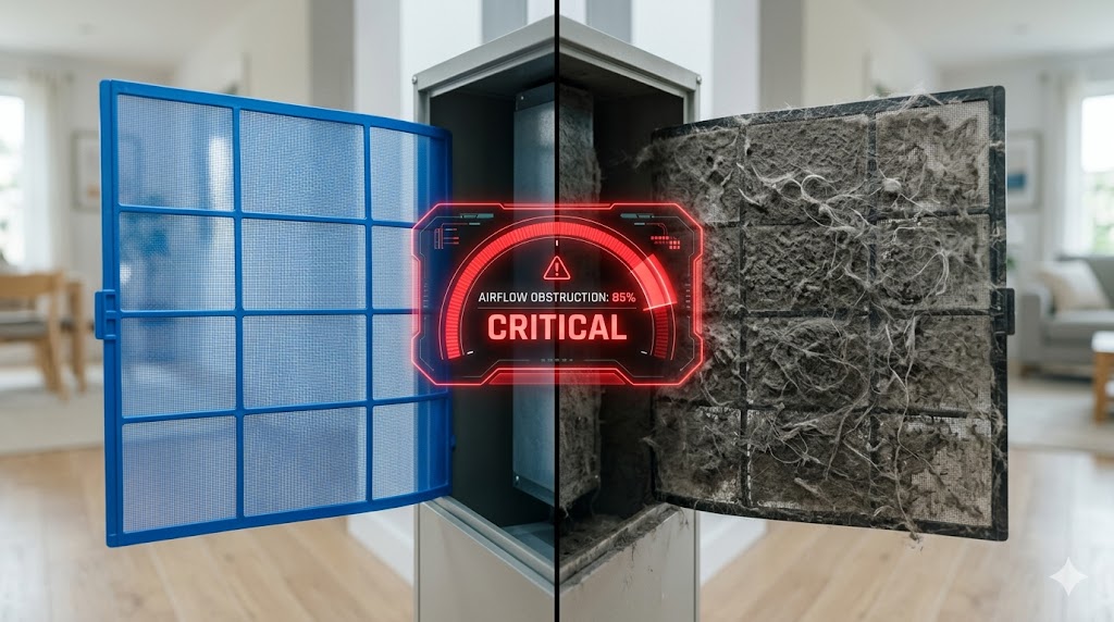 Comparison of a clean blue air conditioner filter and a dirty filter clogged with dust, showing a critical 85% airflow obstruction warning.