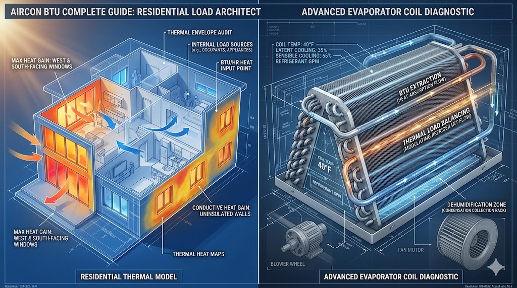 A technical 3D split-screen diagnostic showing a residential thermal heat map model and an advanced evaporator coil BTU extraction diagram.