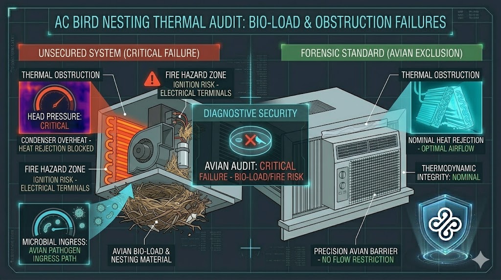 HVAC Avian Audit: Bird Nesting Thermal Obstruction and Fire Risk Failure Zone Visualization