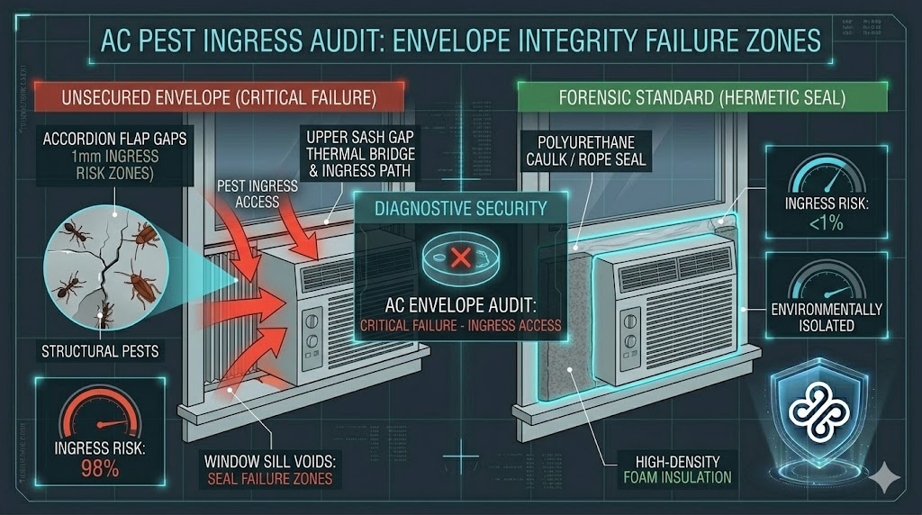 HVAC Envelope Audit: Identifying Critical Pest Ingress ACCESS Failure Zones in Window AC Unit Installation Visualization