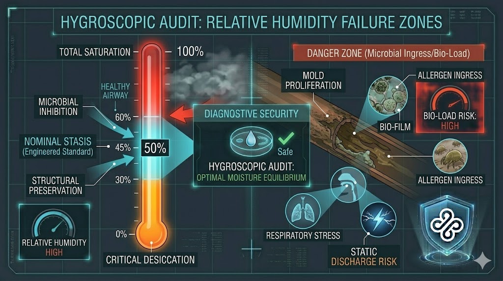HVAC Hygroscopic Audit: Relative Humidity Failure Zones (Danger/Nominal/Dry) Visualization