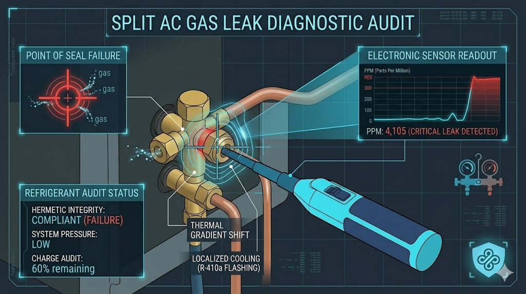 HVAC Diagnostic HUD: Forensic Audit of Gas Leak at Split AC Flared Service Valves