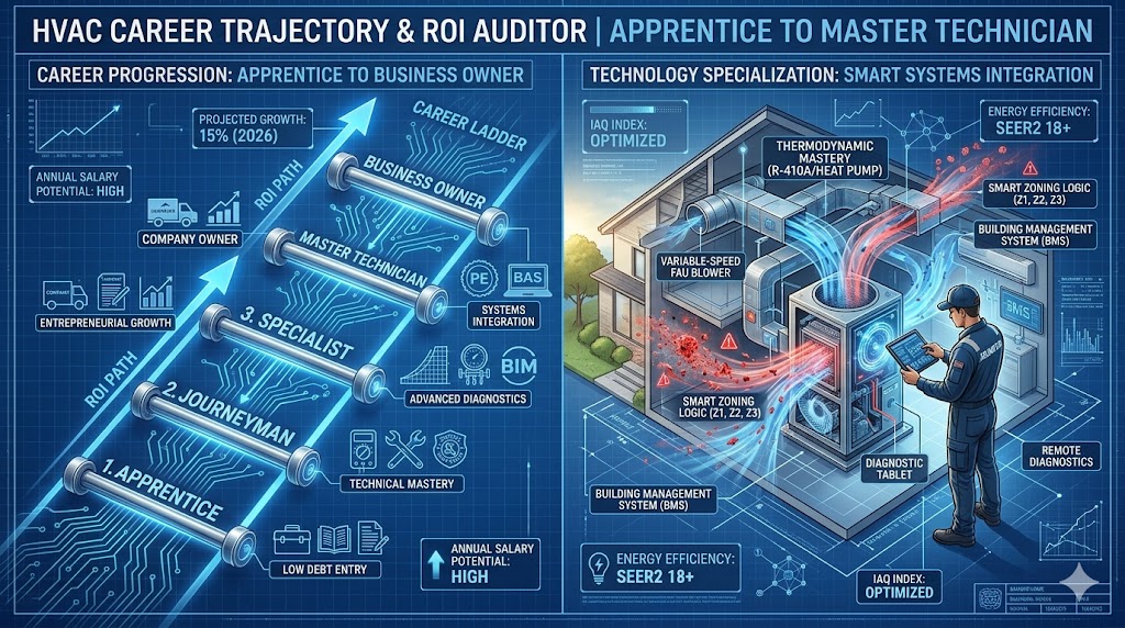 A technical split-screen showing the HVAC career ladder from apprentice to business owner and a technician performing smart system integration diagnostics.
