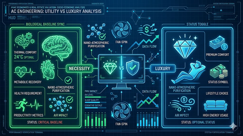 A technical HVAC engineering infographic comparing the biological necessity of 24°C optimal cooling against air conditioning as a luxury status symbol.