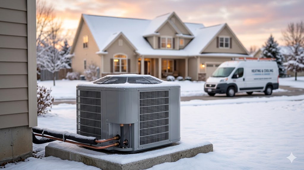 A residential air conditioner unit with a light dusting of snow during winter, representing off-season buying opportunities.