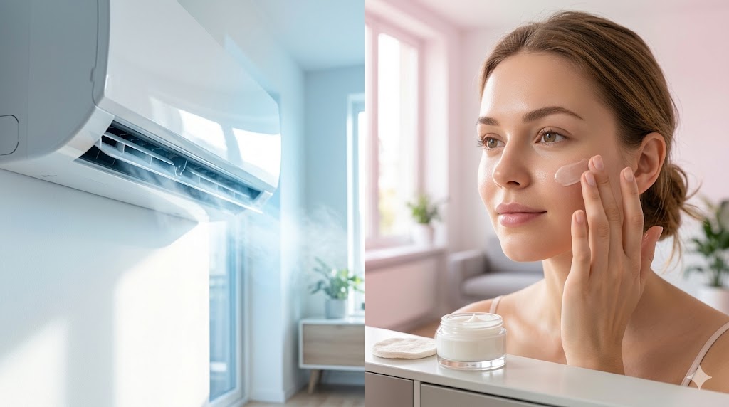 A split view of an air conditioner blowing cool air and a woman applying skin moisturizer to prevent AC-related acne.