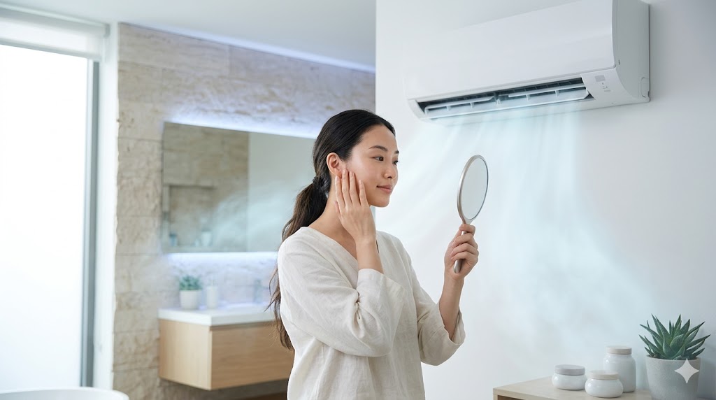 A woman inspecting her skin tone in a mirror near a modern air conditioning unit, illustrating the effects of temperature on skin appearance.