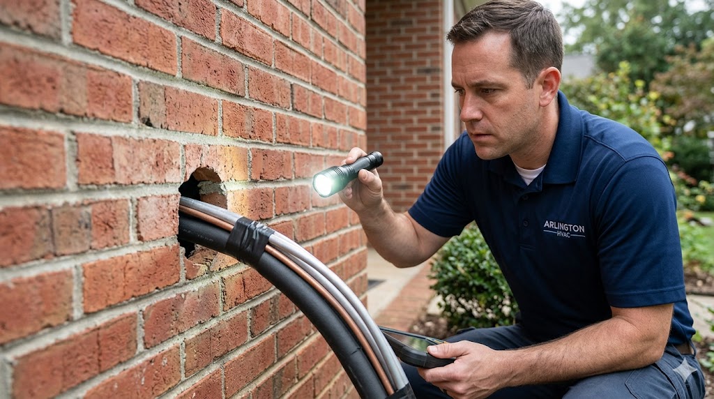 An HVAC technician inspecting an unsealed hole in a brick wall where air conditioner pipes enter the home, a common entry point for bats and pests.