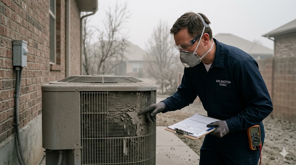 An HVAC technician wearing a respirator mask inspecting a residential air conditioning unit covered in thick grey ash.