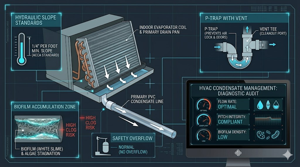 HVAC Condensate Management Audit: 1/4 Inch Slope Standard and P-Trap Hydraulic Schematic