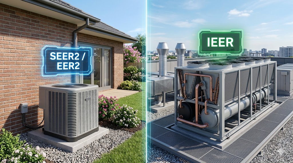 Photorealistic split-screen comparison of a residential AC unit (SEER2/EER2) and a commercial rooftop chiller (IEER) with digital labels.
