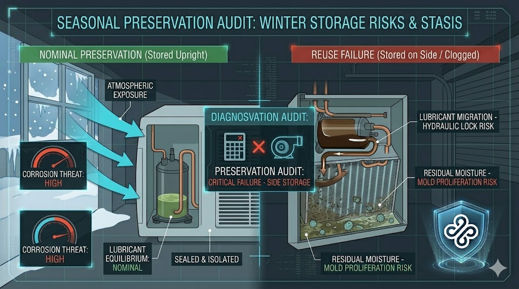 HVAC Seasonal Preservation: Comparing Nominal Upright Storage vs. Critical Failure (Side Stored / Clogged) Risks Visualization