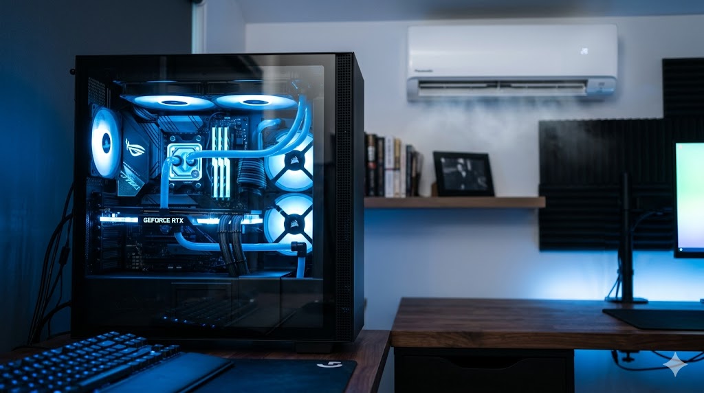 A high-end gaming PC with blue LED lighting being cooled by a modern wall-mounted air conditioner.