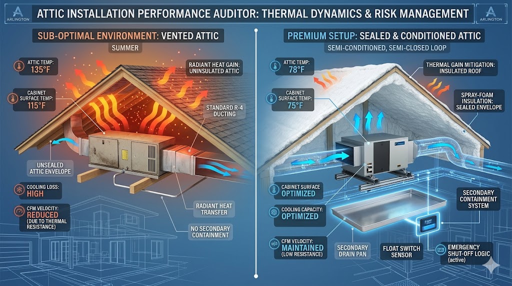 A technical split-screen comparison between a sub-optimal vented attic HVAC setup and a premium sealed attic installation with secondary containment.