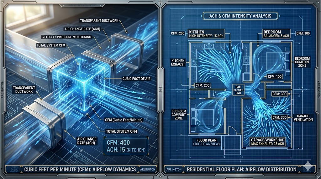 A technical split-screen visualization of a cubic foot of air moving through a duct and a residential floor plan showing CFM intensity requirements by room.