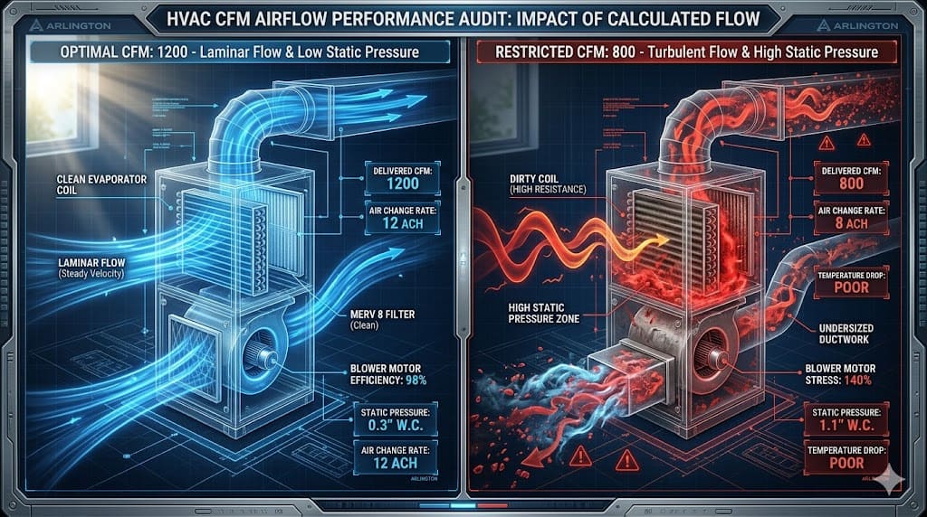 A technical comparison visualizing optimal 1200 CFM with laminar flow versus restricted 800 CFM with high static pressure and blower motor stress