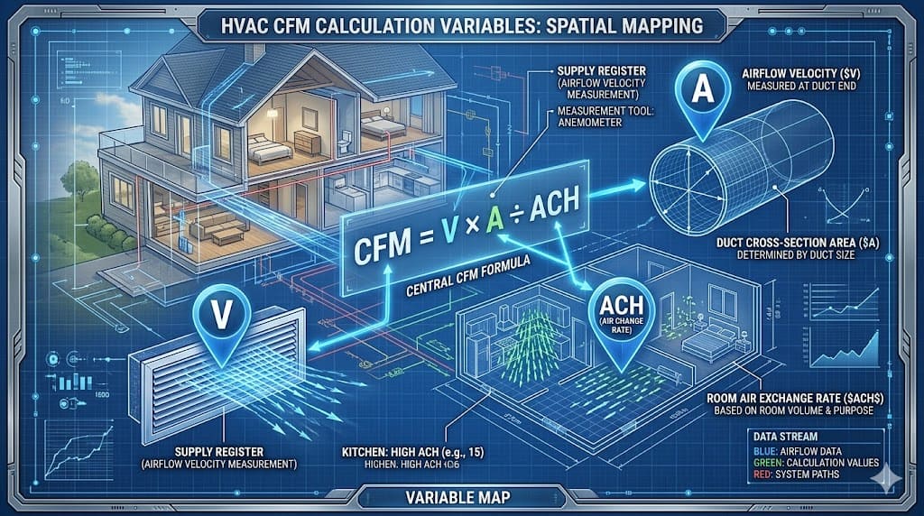 A technical blueprint-style diagram mapping the calculation variables for HVAC CFM ($V$, $A$, $ACH$) to their physical locations in a residential system.