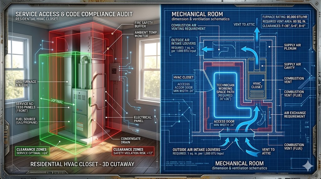 A technical split-screen diagnostic showing a 3D cutaway of a residential HVAC closet with safety clearance zones and a top-down blueprint of mechanical room ventilation requirements.