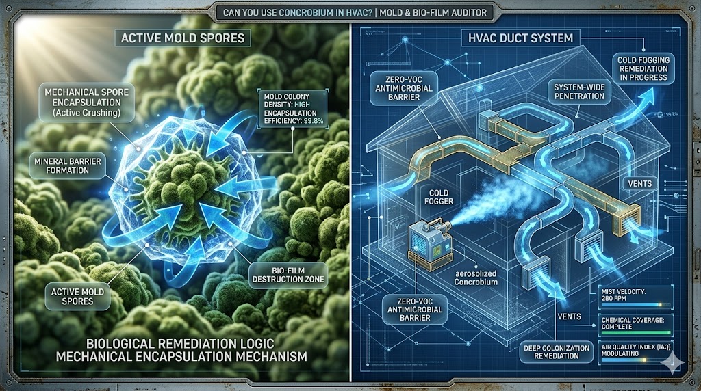 A technical split-screen diagnostic showing the crystalline encapsulation of a mold spore and a 3D home model undergoing cold fogging remediation.