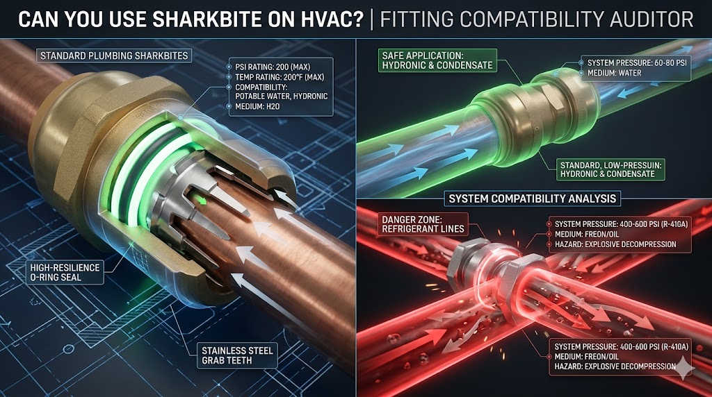 A technical comparison showing the internal mechanics of a SharkBite fitting and its safety rating for hydronic water versus high-pressure refrigerant gas.