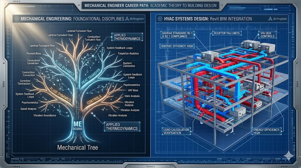 A technical split-screen showing a conceptual 3D Mechanical Engineering Tree and a Revit BIM 3D model of a commercial HVAC system.