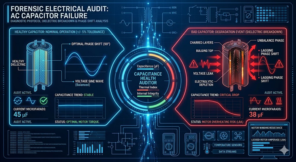 A technical electrical engineering infographic explaining why air conditioner capacitors fail due to dielectric breakdown, featuring a comparison between healthy and depleted electrolytic layers.