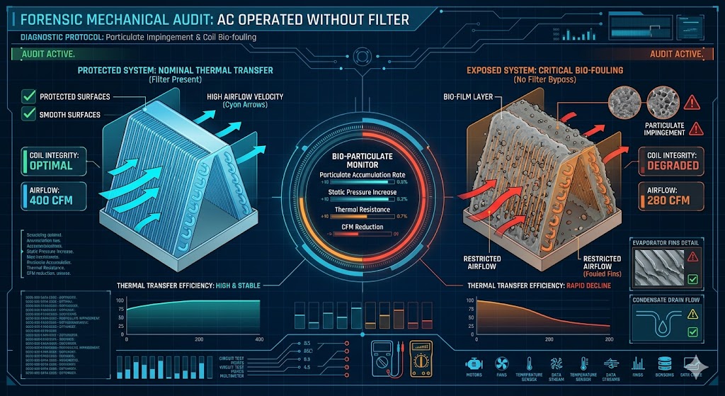 A technical HVAC engineering infographic explaining the danger of running an air conditioner without a filter, showing evaporator coil bio-fouling and restricted thermal transfer.