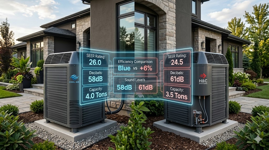 Technical comparison of a Carrier Infinity series (blue) and a Bryant Evolution series (red) air conditioning system with diagnostic overlay.