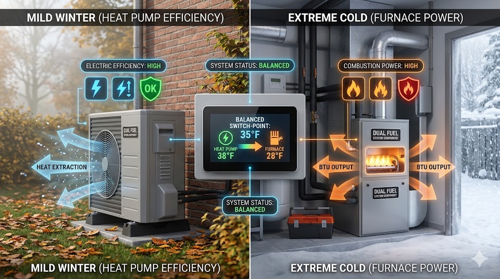 A technical comparison of a dual fuel HVAC system showing a heat pump operating in mild winter and a gas furnace taking over in extreme cold.