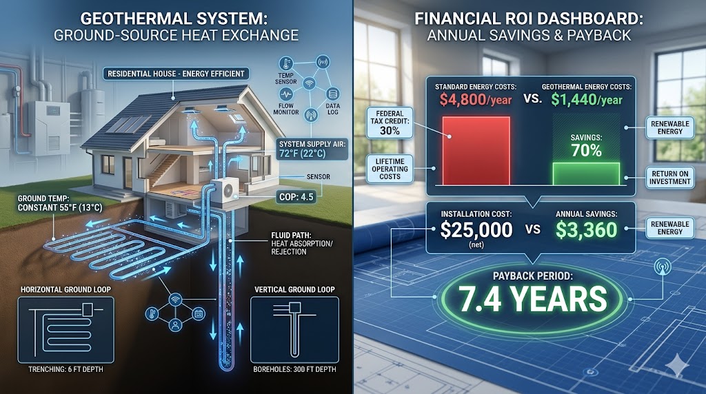 A technical HVAC infographic comparing residential ground-source heat pump loops with a financial ROI payback dashboard.