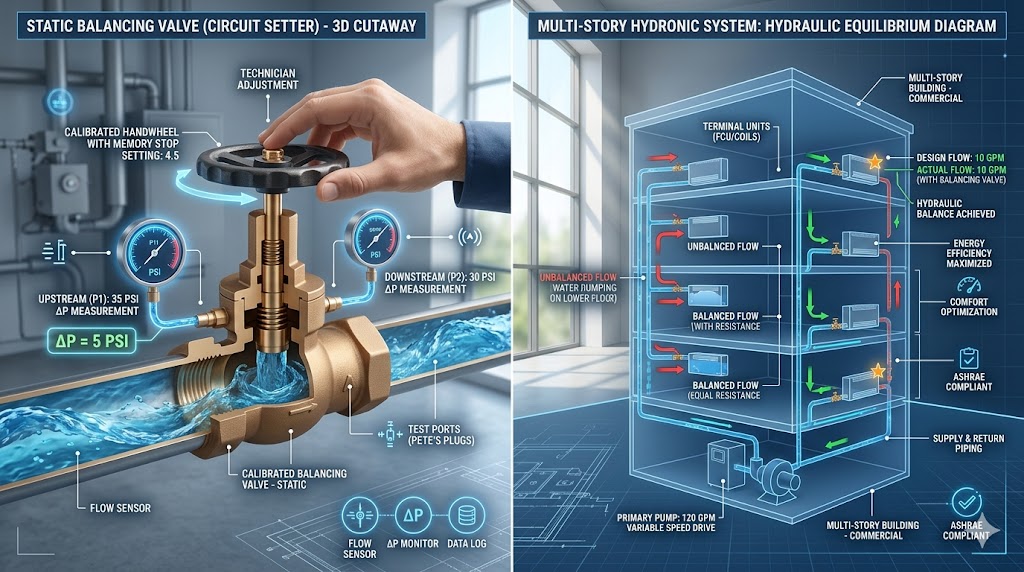 A technical comparison showing a 3D cutaway of a static balancing valve and a multi-story building hydronic equilibrium diagram.