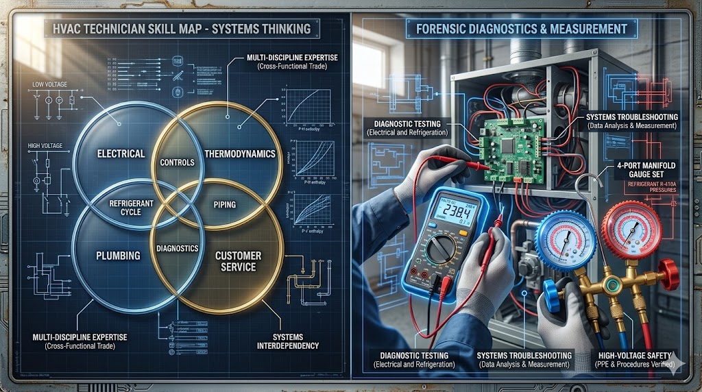A technical split-screen showing an HVAC technician skill Venn diagram and a hands-on forensic diagnostic scene with a multimeter and 4-port manifold.
