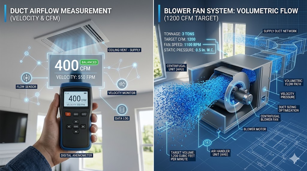A technical HVAC visualization comparing a digital anemometer reading at a vent with a 3D cutaway of a blower motor's volumetric flow.