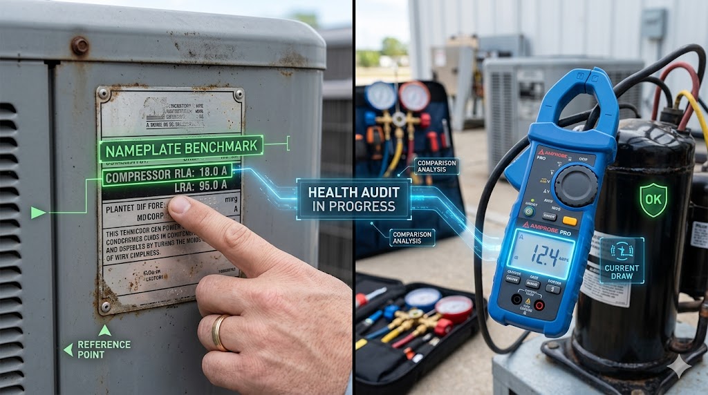 A technical comparison showing a finger pointing to RLA on a compressor nameplate versus a digital clamp meter measuring real-time amperage.