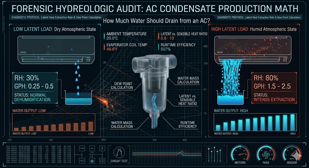 A technical HVAC engineering infographic explaining how much water an AC should drain based on latent heat removal and relative humidity calculations.