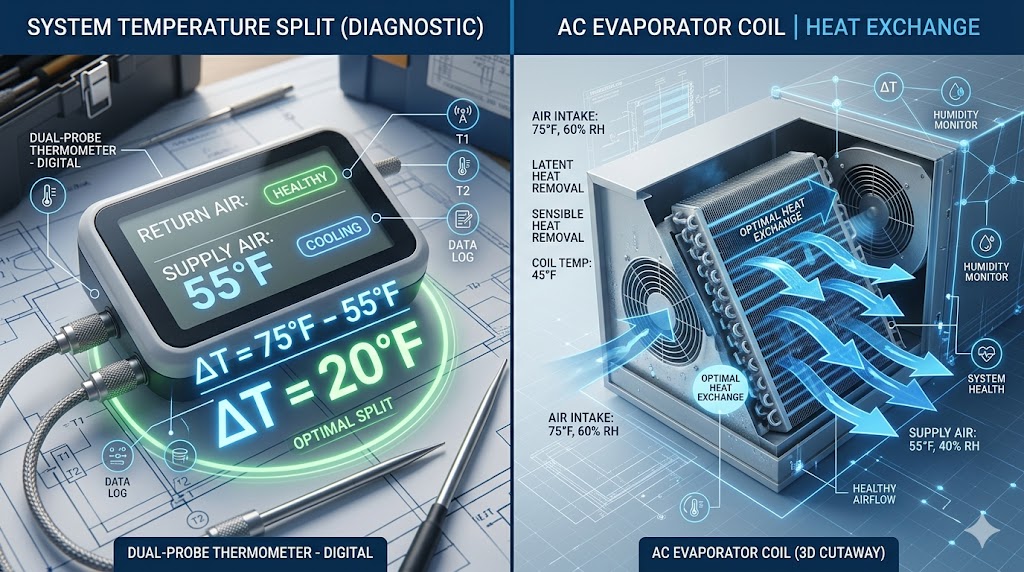 A technical HVAC diagnostic split-screen showing a digital dual-probe thermometer measuring Delta T and a 3D cutaway of an evaporator coil.