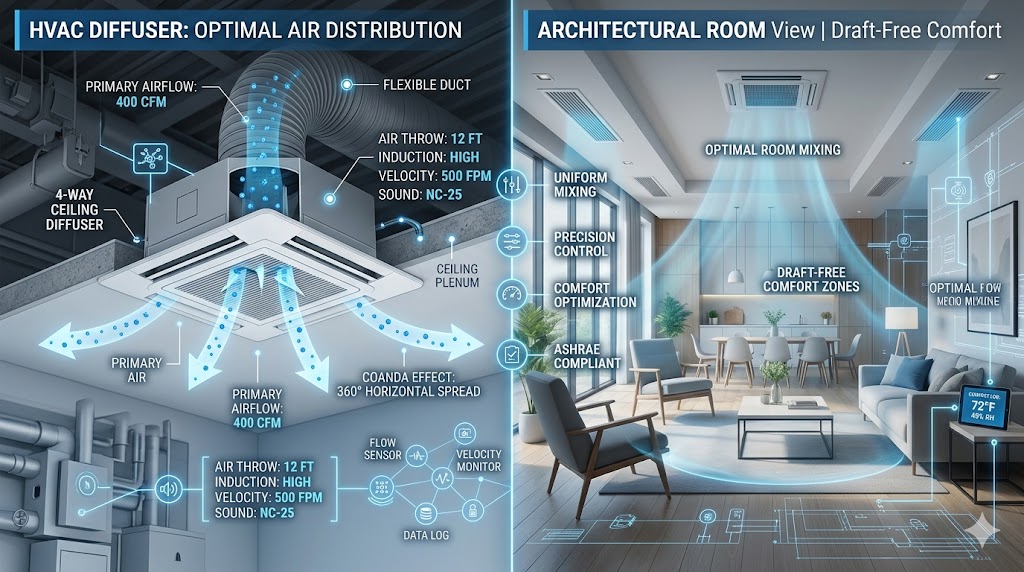 A technical HVAC visualization comparing a 4-way ceiling diffuser's internal airflow with a draft-free modern room layout.
