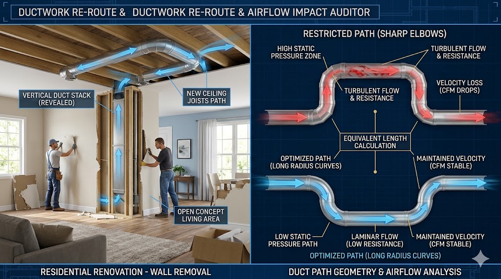A technical split-screen showing a residential renovation wall removal revealing hidden ducts and a comparison diagram of restricted vs. optimized airflow paths.