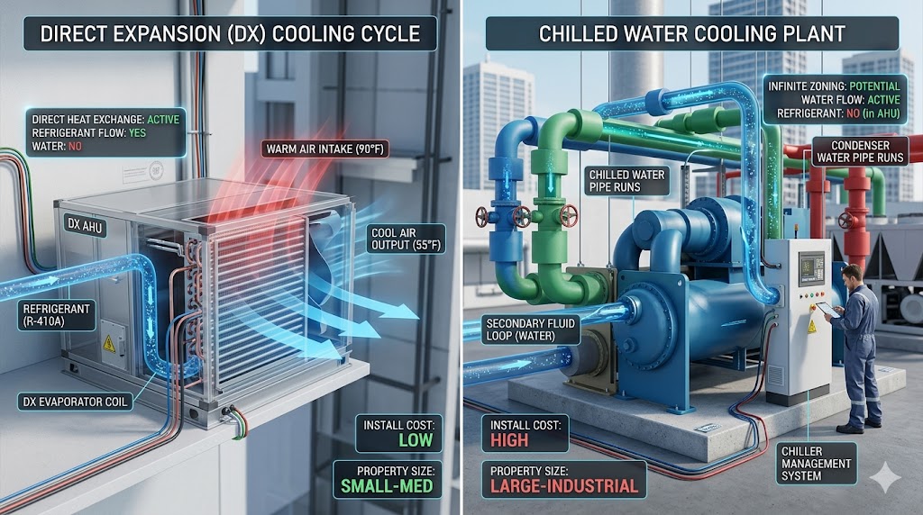 A technical split-screen comparing a Direct Expansion (DX) AHU cycle for small properties versus a Chilled Water cooling plant for industrial buildings.