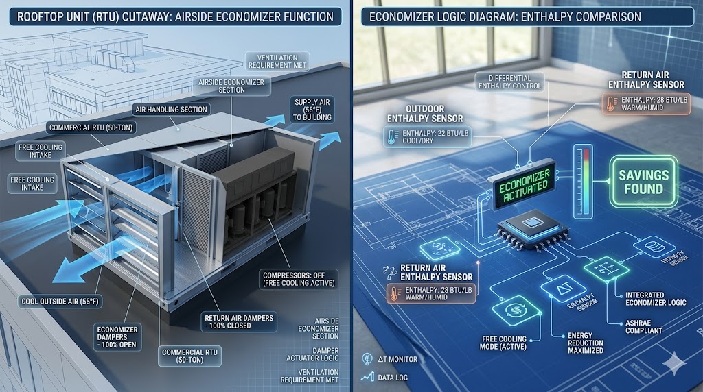 A technical HVAC diagnostic split-screen showing a rooftop unit economizer in free cooling mode and an enthalpy logic comparison diagram.