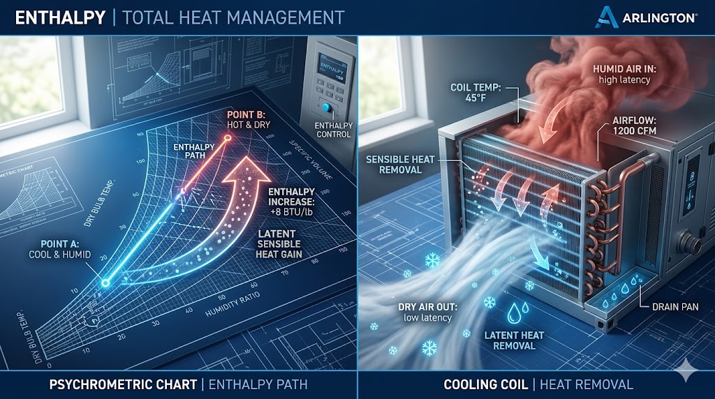 A technical HVAC diagnostic visualization comparing a psychrometric chart enthalpy path with a 3D cooling coil removing sensible and latent heat.