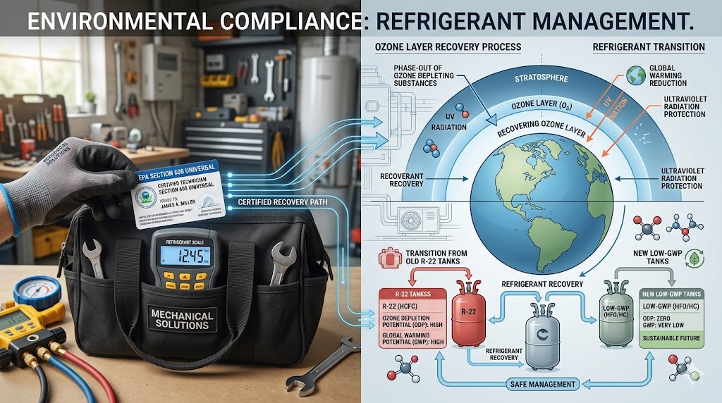 A technical visualization of EPA 608 certification credentials and a diagram of the refrigerant transition from ozone-depleting R-22 to sustainable low-GWP alternatives.