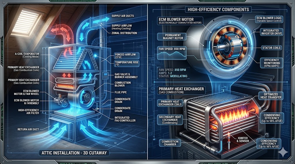 A technical 3D split-screen diagnostic showing a residential FAU attic installation and a close-up of high-efficiency ECM blower and heat exchanger components.