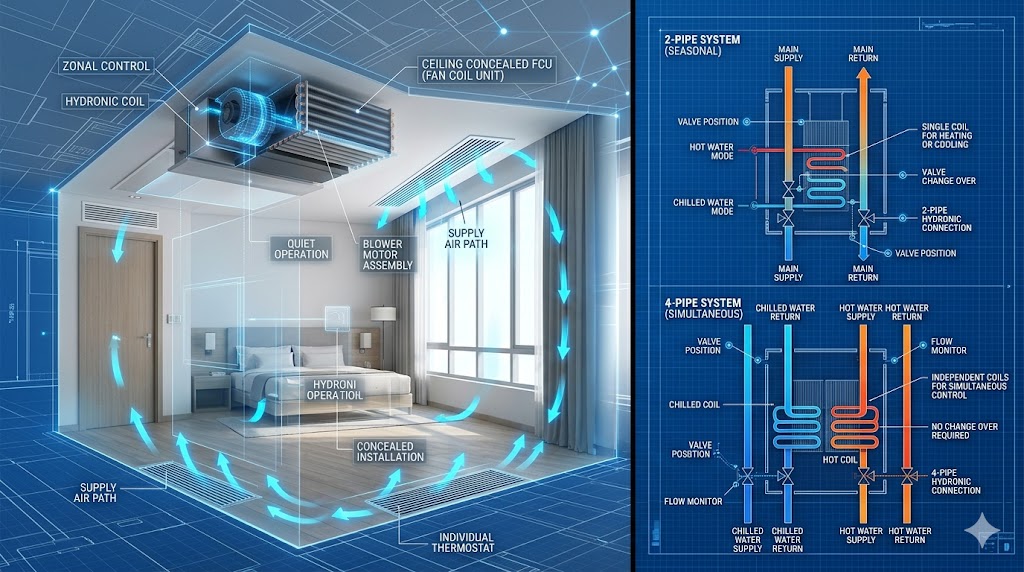 A technical 3D split-screen diagnostic showing a ceiling-concealed Fan Coil Unit (FCU) in a hotel room and a comparison between 2-pipe and 4-pipe hydronic systems.