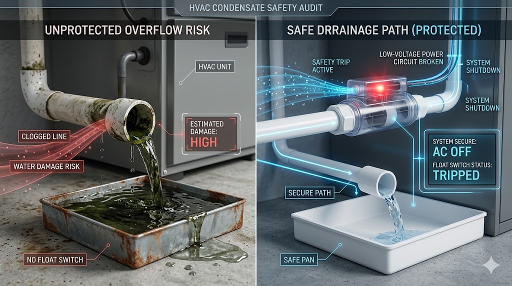 A comparison showing an unprotected HVAC drain line overflowing into a rusty pan versus a protected system with an inline float switch and a safe drainage path.