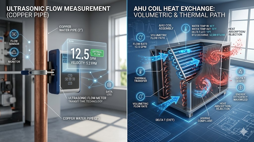 A technical HVAC diagnostic split-screen showing an ultrasonic flow meter reading and a 3D cutaway of an AHU thermal exchange coil.