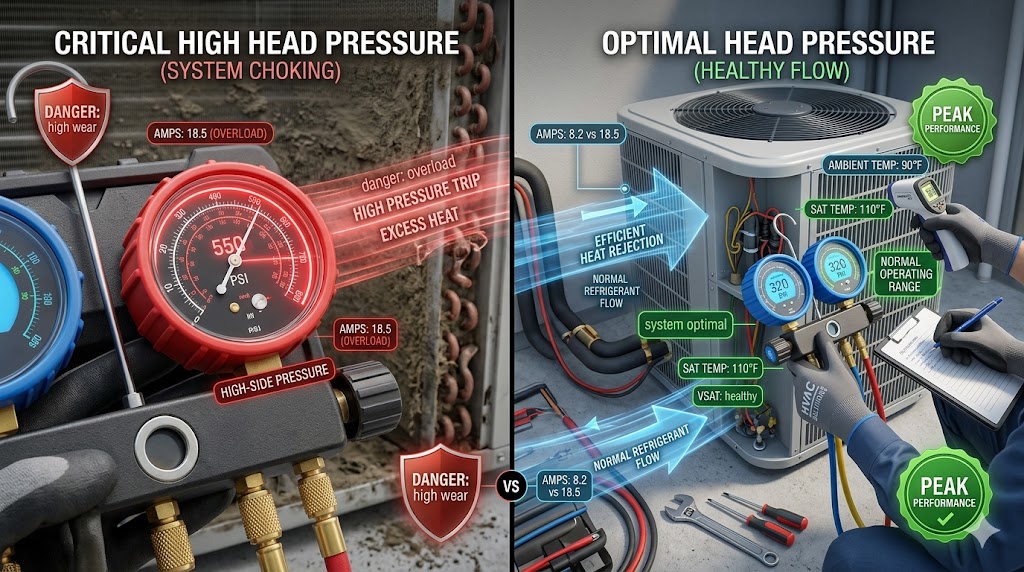 A technical comparison of an HVAC system showing critical high head pressure at 550 PSI due to a dirty coil versus an optimal 320 PSI on a healthy system.
