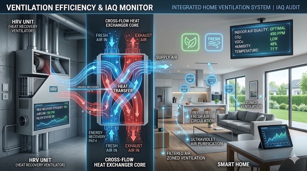 A technical split-screen showing an HRV unit's cross-flow heat exchanger core and a smart home interior with optimal indoor air quality metrics.