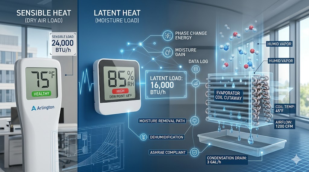 A technical comparison between sensible heat (temperature) and latent heat (moisture load) on an HVAC evaporator coil.